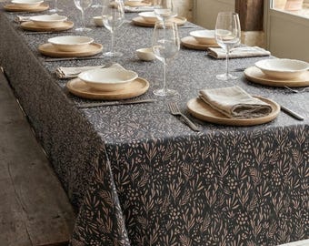 Dark Blue Oilcloth Tablecloth – Botanical Pattern.