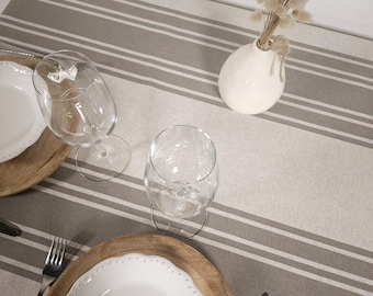 Coated tablecloth with gray stripes on an ecru background