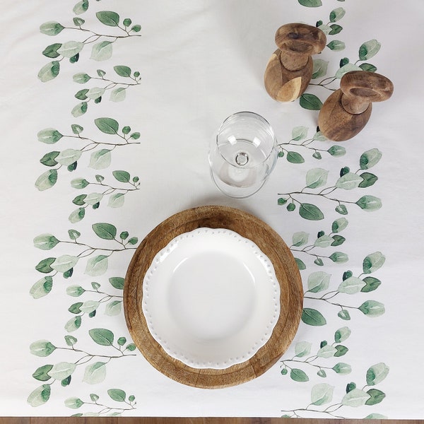 french cotton tablecloth "eucalyptus aquarelle"