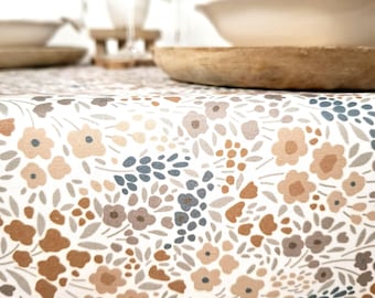 Floral French Coated Cotton Tablecloth – Wipeable, Stainproof Table Cover – Terracotta Flowers – Boho Cottagecore Decor
