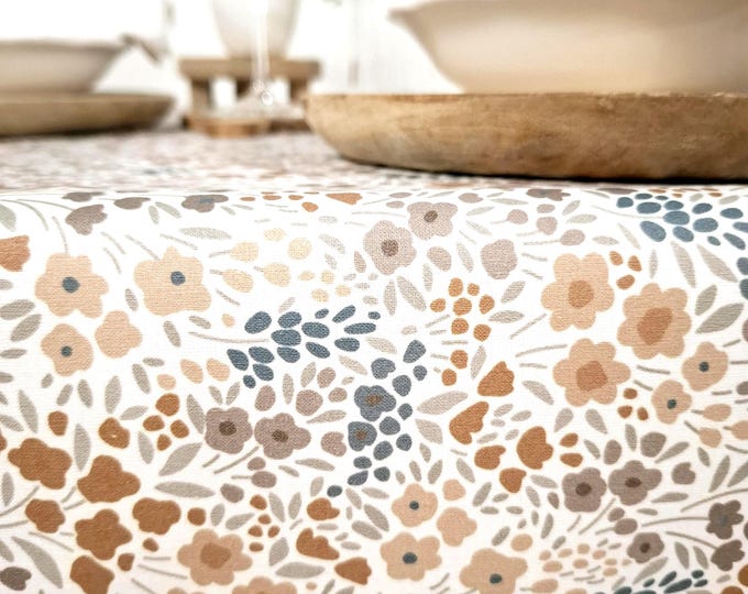 Floral French Coated Cotton Tablecloth – Terracotta Flowers.