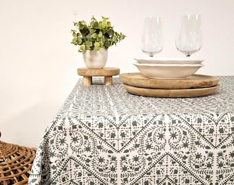 Coated Tablecloth – Green Block Print Look –