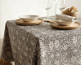 French Coated Cotton Tablecloth Black and White vintage