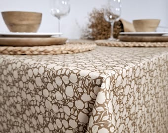 French COATED tablecloth in Vosges cotton with "cream" floral pattern on "coffee with milk" background