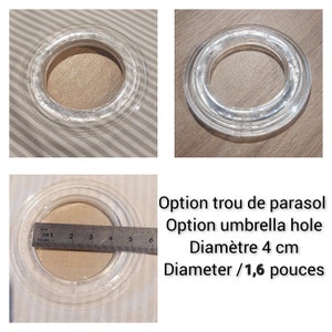 Può includere: Primo piano di un occhiello in plastica trasparente con un foro di 4 cm (1,6 pollici) di diametro. L'occhiello è progettato per essere utilizzato con un ombrello o un parasole.