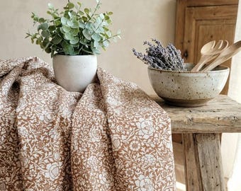 French Coated Cotton Tablecloth – Wipeable, Stainproof Table Cover – Brown and White vintage