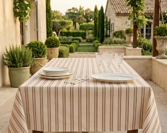 Coated tablecloth with black and terracotta stripes