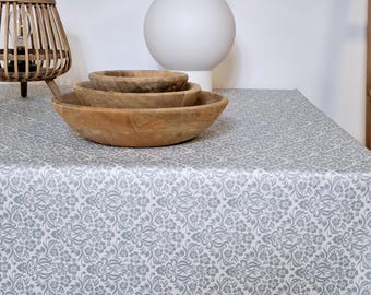 Coated tablecloth, washable with a sponge. Sky blue baroque floral pattern.