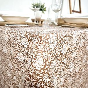 French Coated Cotton Tablecloth – Wipeable, Stainproof Table Cover – Brown and White vintage