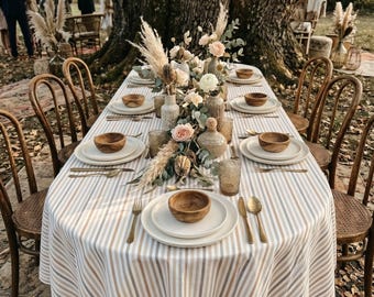 Coated tablecloth with pink, grey, beige stripes