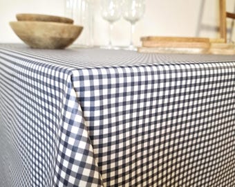 French coated tablecloth in Vosges cotton – small navy and white gingham checks – Durable, waterproof and easy to maintain