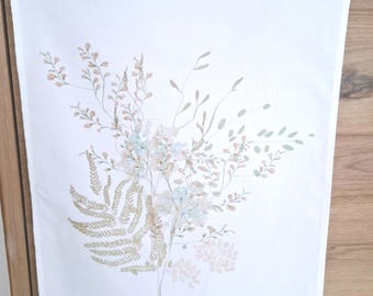 Cotton tea towel with pink, green and beige watercolor bouquet