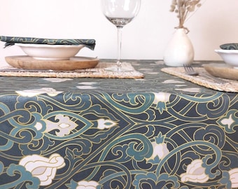 Blue and green coated cotton tablecloth from the Vosges, baroque style