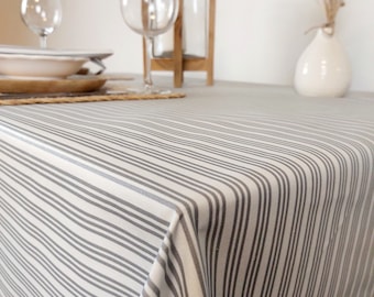 Coated tablecloth in Vosges cotton with gray stripes.