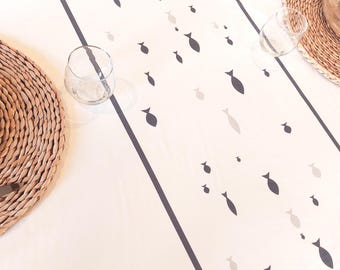 "Marine" tablecloth with blue and beige fish. Last availability