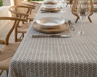 Blue and white coated tablecloth