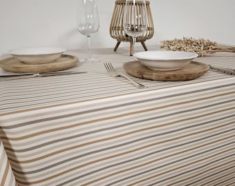 Coated tablecloth with pink, grey, beige stripes