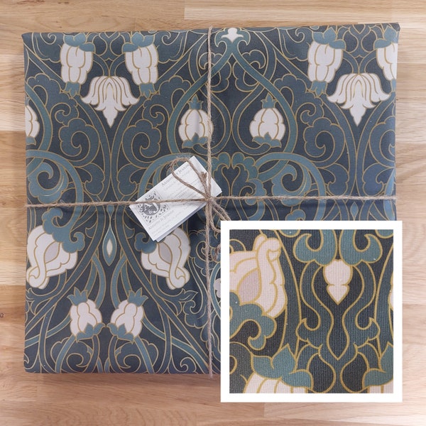 Nappe enduite  en coton des Vosges bleu et vert style baroque; Nappe carré, rectangle, ronde, ovale, dimensions personnalisées