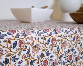 Coated cotton tablecloth from the Vosges – Blue and pink Indian patterns.