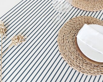 Navy striped tablecloth in Vosges cotton.