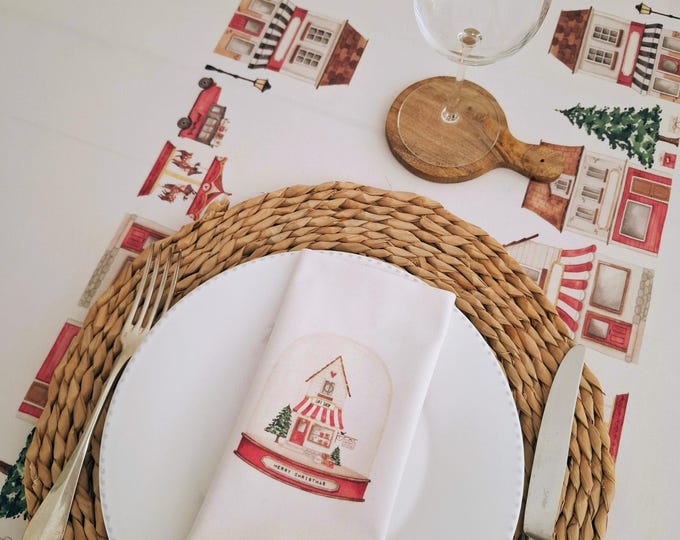 Featured listing image: Christmas cotton tablecloth, Christmas village atmosphere. Pre-order (shipping in October).