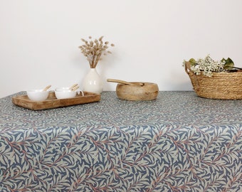 French coated tablecloth. Foliage bleu, green, corail