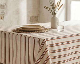 Black and terracotta striped coated tablecloth. Pre-order. Shipping October 5th