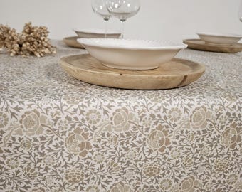 Coated floral tablecloth, grey, white, beige. Pre-order. Ships April 18