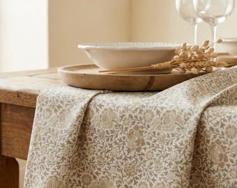 Coated floral tablecloth, grey, white, beige. Pre-order. Ships April 10th