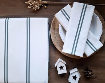 Green and white striped cotton tablecloth from the Vosges