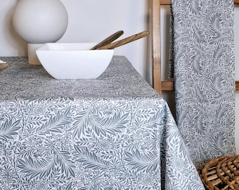 Blue and White Vintage Floral Coated Cotton Tablecloth – French-Made, Easy Care, Customizable Size