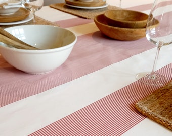 Tablecloth in cotton from the Vosges, with red stripes. Square, round or rectangle tablecloth, Small/large width