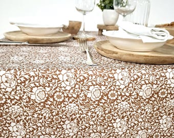 French Coated Cotton Tablecloth – Wipeable, Stainproof Table Cover – Brown and White vintage