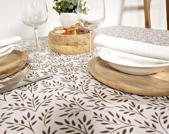 Beige coated tablecloth – Brown foliage pattern – Waterproof cotton tablecloth – Chic country style – Made in France