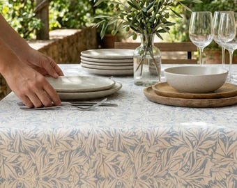 Blue and cream coated tablecloth.