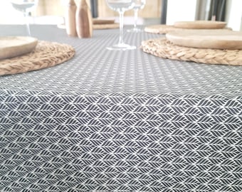 Dark blue and white geometric patterned cotton coated tablecloth