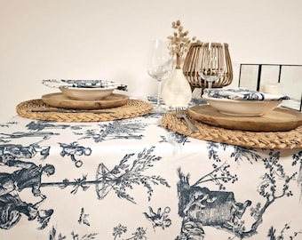 Cotton tablecloth. White and blue toile de jouy