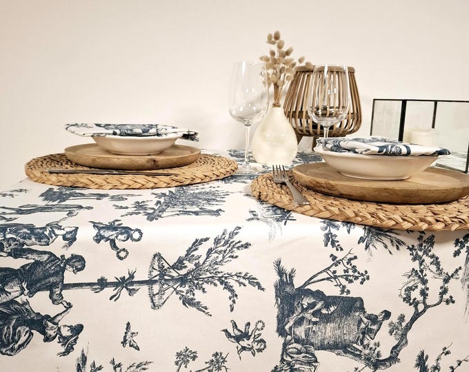 Featured listing image: Cotton tablecloth. White and blue toile de jouy