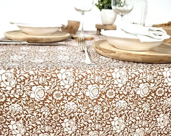 French Coated Cotton Tablecloth – Wipeable, Stainproof Table Cover – Brown and White vintage