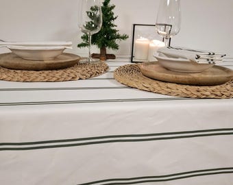 Green and white striped cotton tablecloth from the Vosges