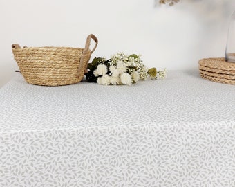 French coated tablecloth in beige and white Vosges cotton. Rectangle, square, round, oval tablecloth, custom size.