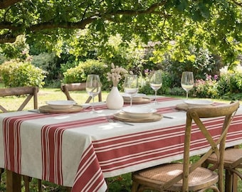 Red and ecru striped coated tablecloth