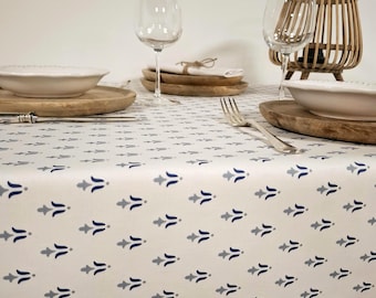 Blue and white coated tablecloth