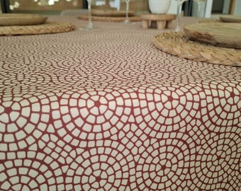 Coated cotton tablecloth from Vosges with red and white mosaics