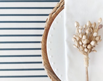 Navy striped tablecloth in Vosges cotton. For vacations. Seaside atmosphere.