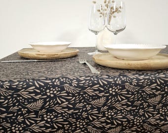 Dark Blue Oilcloth Tablecloth – Botanical Pattern, Easy Clean