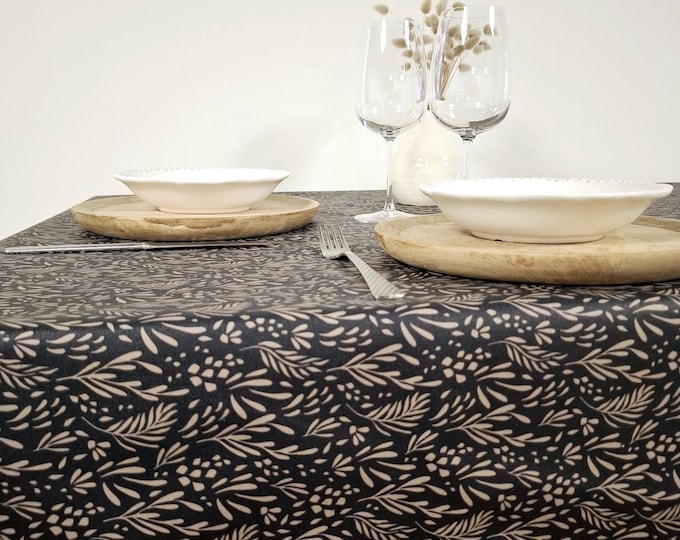 Featured listing image: Dark Blue Oilcloth Tablecloth – Botanical Pattern, Easy Clean