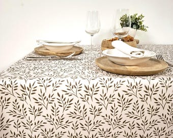 Beige coated tablecloth – Brown foliage pattern – Waterproof cotton tablecloth – Chic country style – Made in France
