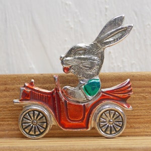 Childrens pin, Hare in the car, Vintage pin, Animal pin, Bunny pin