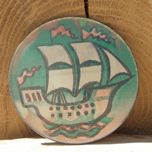 Zeilboot en stoomboot, lenticulaire pin, kinderpin, cartoonbadge